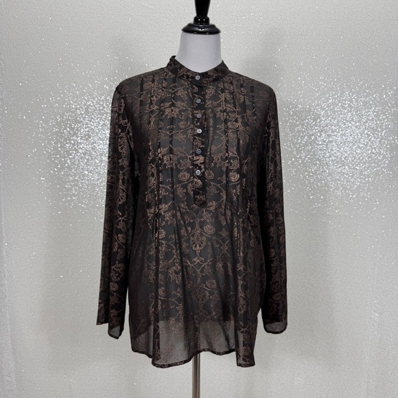 Chico's Tops - Chico’s 100% Silk Sheer Tunic Blouse Size 2 Black Bronze Floral Long Sleeve